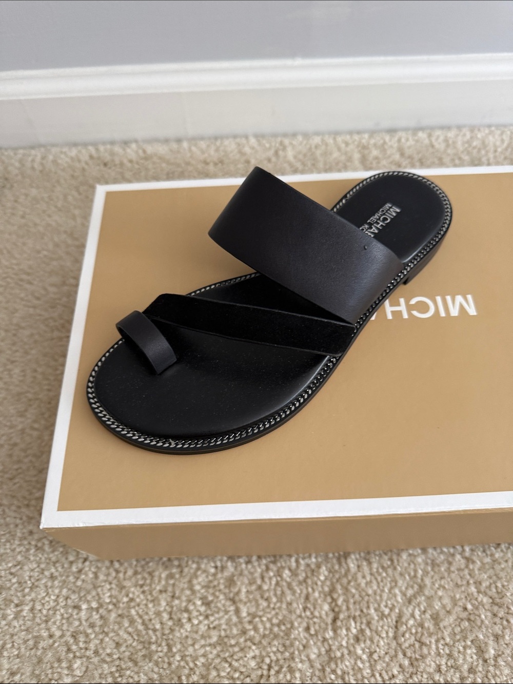 Michael Kors Black Leather Toe-Ring Slide Sandals